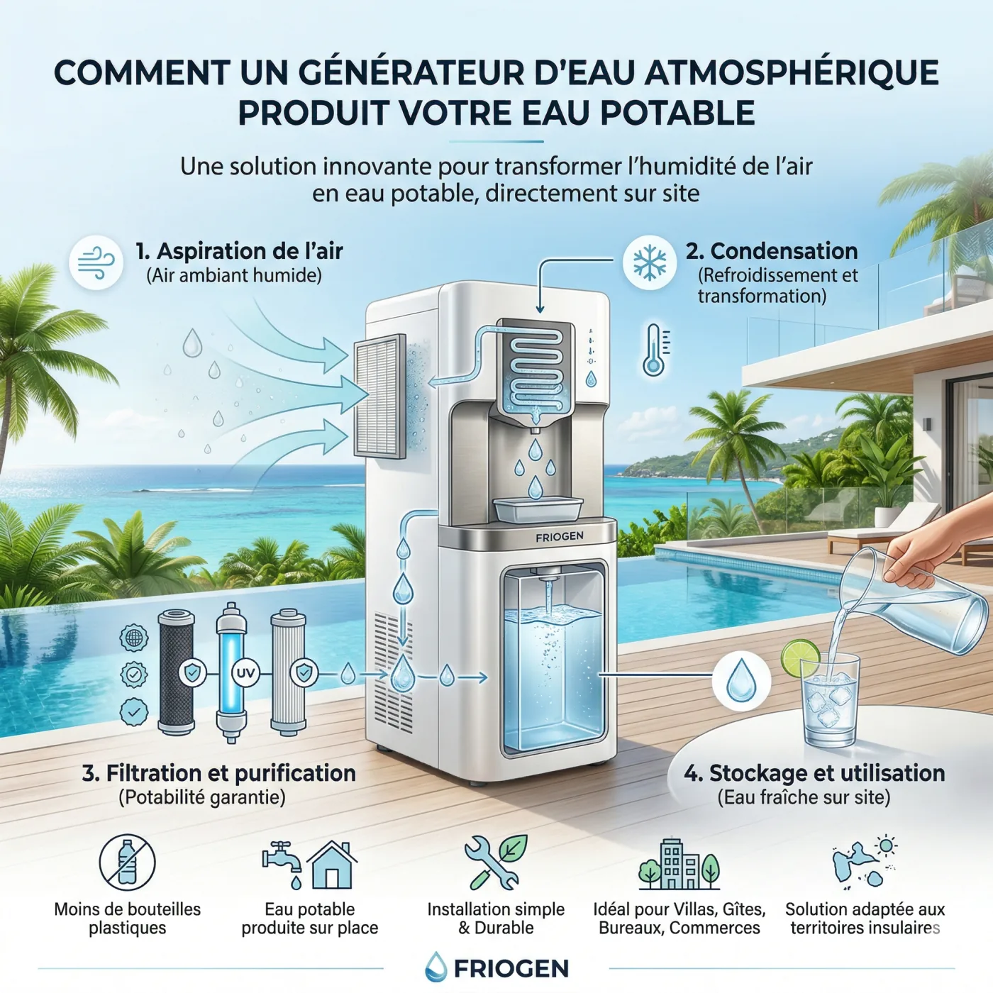 Illustration du fonctionnement d'un générateur d'eau atmosphérique Friogen